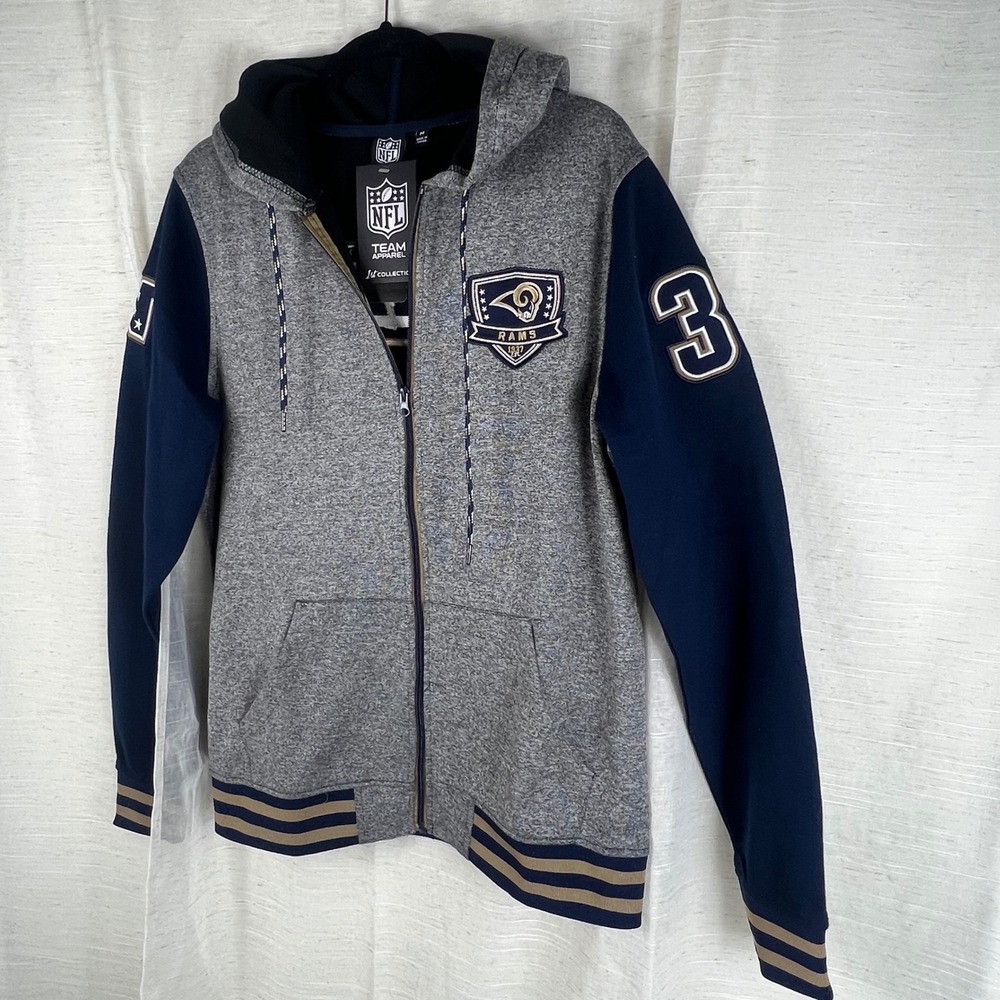 NFL Team Apparel NWT Los Angeles Rams Full Zip Hoodie Grey Navy Blue.Mens Medium - Picture 2 of 10